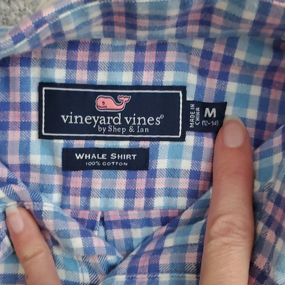 Vineyard Vines Boys Blue Pink Flannel Cotton Whale Shirt Button-up SzM (12-14)